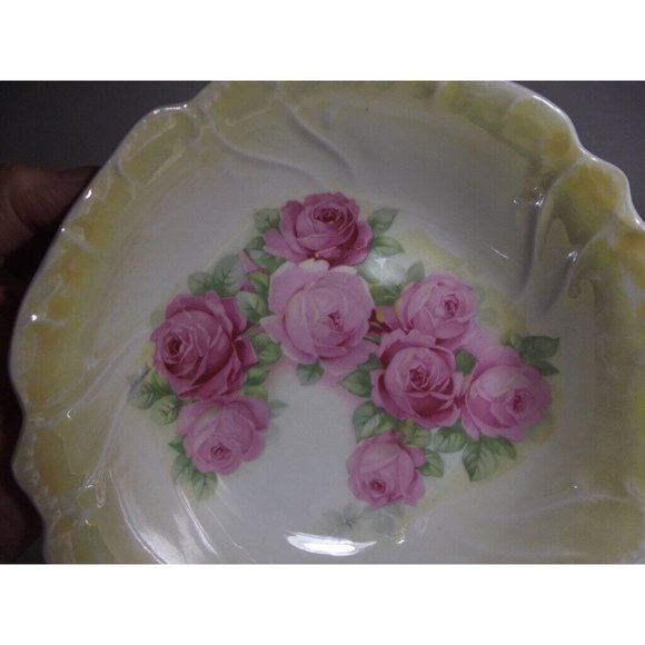 RCW Bavaria Lusterware Floral Serving Bowl pink roses yellow rim rose large 9.5" - Picture 4 of 12